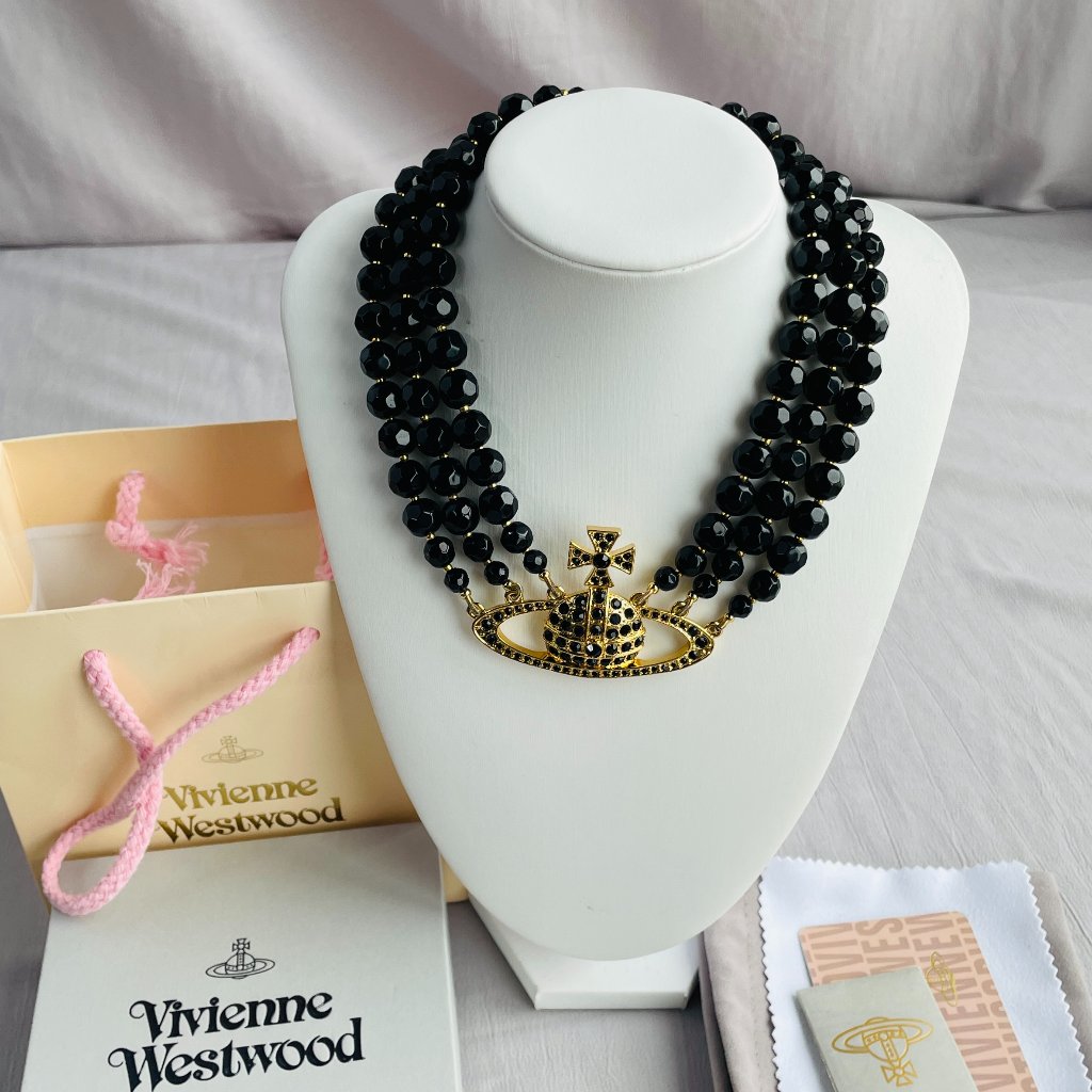 Vivienne Westwood Three Row Pearl Bas Relief Choker In Black Brand New